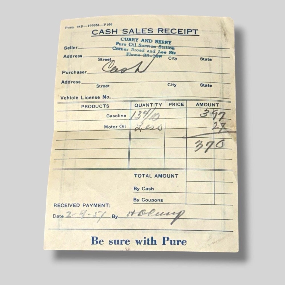 1951 Gasoline and Motor Oil Sales Vintage Receipt I320